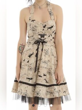 Hot Topic x Disney Peter Pan Tan Black Printed Stretch Cotton Halter Dress M